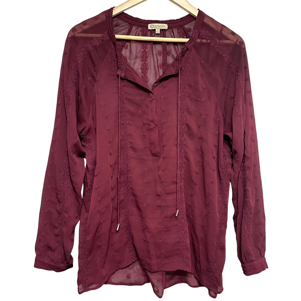 Democracy Sheer Embroidered Blouse Womens S Long Sleeve‎ Boho Feminine Romantic